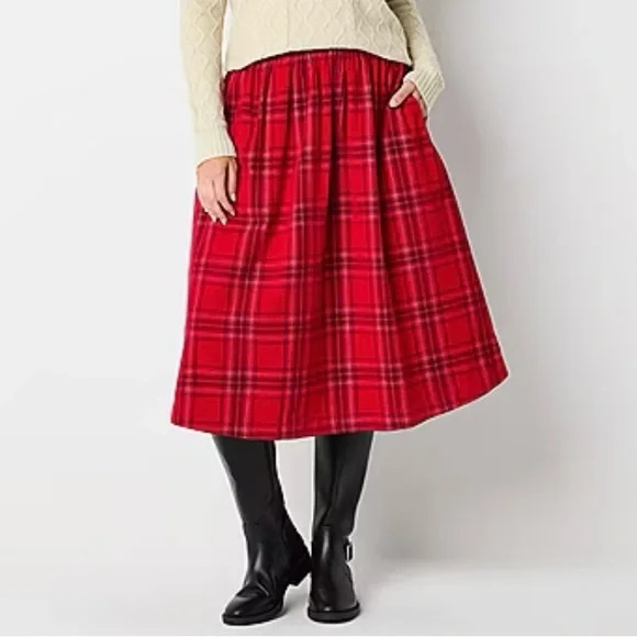 St. John's Bay NWT Womens Long Flared Skirt Red Plaid Cotton Women's - Picture 3 of 11